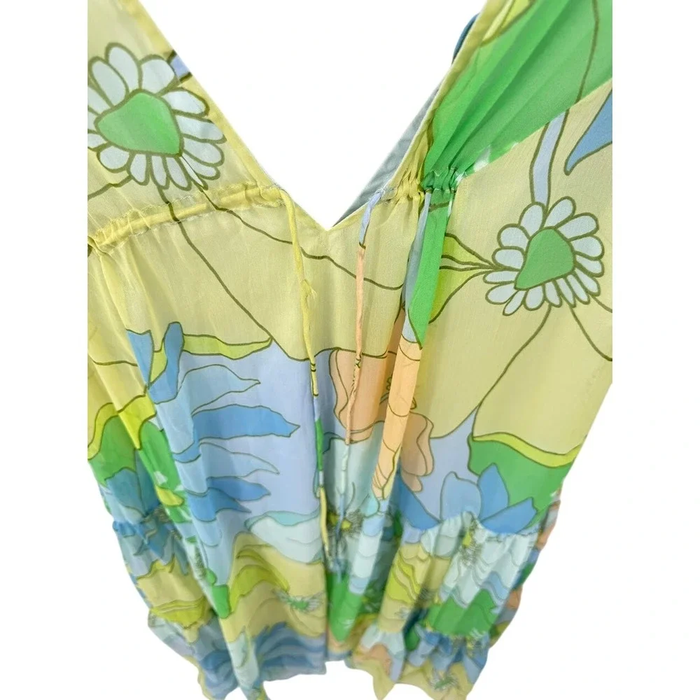 ASOS DESIGN Floral Tiered Mini Dress Green Blue Yellow Retro V-Neck Size 4
